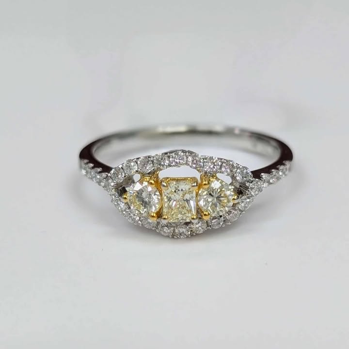 Three Stone Yellow Diamond Engagement Ring with White Diamond Frame & Band in 18k Two Tone Gold