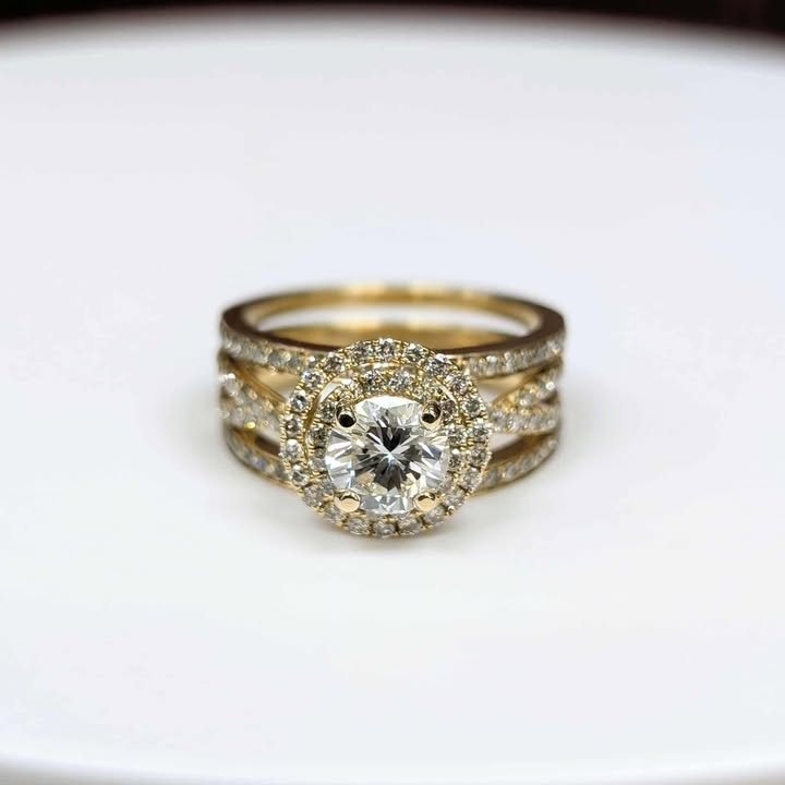 1.98 CT.T.W. GIA Certified Round-cut Diamond Engagement Ring with Diamond Frame & Bands Three Ring Bridal Set in 14k Gold