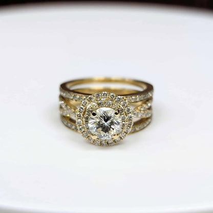 1.98 CT.T.W. GIA Certified Round-cut Diamond Engagement Ring with Diamond Frame & Bands Three Ring Bridal Set in 14k Gold