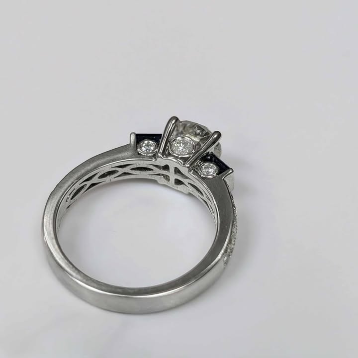 1.49 CT.T.W Three Stone Diamond Engagement Ring with Round-cut Center Stone, Blue Sapphire Side Stones, Two-Row Band, & Peek-A-Boo Diamond Accents in 14k White Gold