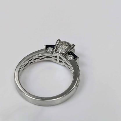 1.49 CT.T.W Three Stone Diamond Engagement Ring with Round-cut Center Stone, Blue Sapphire Side Stones, Two-Row Band, & Peek-A-Boo Diamond Accents in 14k White Gold