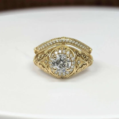 1.05 CT.T.W Engraved Round-Cut Bridal Set with Frame & Milgrain Details in 14k gold