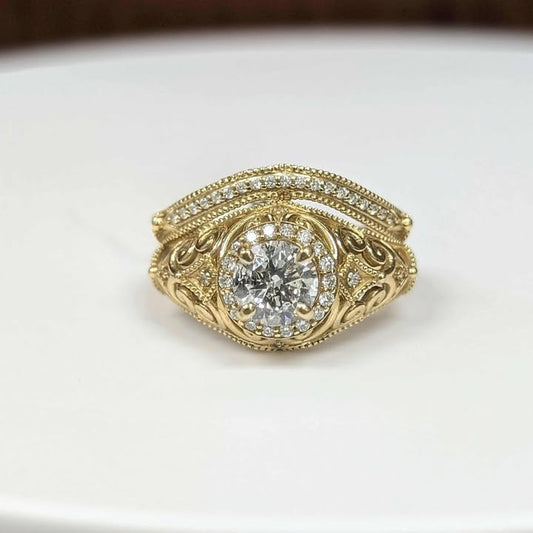 1.05 CT.T.W Engraved Round-Cut Bridal Set with Frame & Milgrain Details in 14k gold