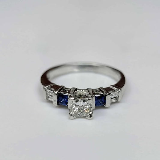0.70 CT.T.W Princess-cut Diamond & Blue Sapphire Bar Set Engagement Ring in 14k White Gold