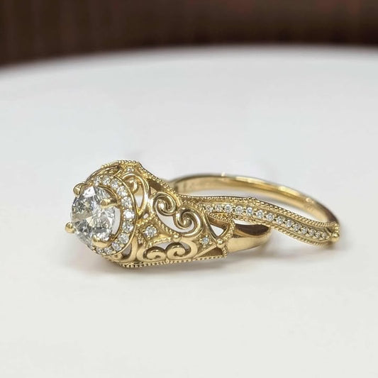 1.05 CT.T.W Engraved Round-Cut Bridal Set with Frame & Milgrain Details in 14k gold