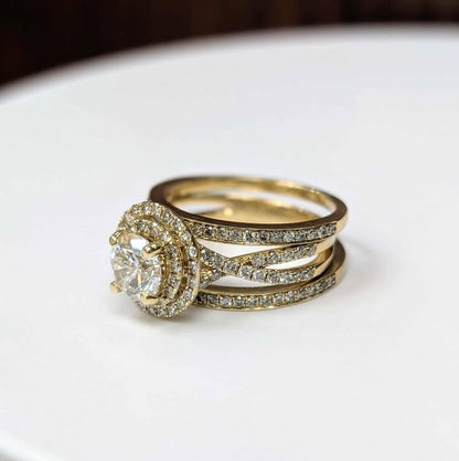 1.98 CT.T.W. GIA Certified Round-cut Diamond Engagement Ring with Diamond Frame & Bands Three Ring Bridal Set in 14k Gold