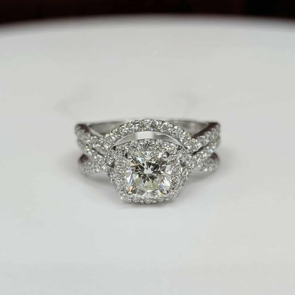 1.87 CT.T.W Framed Cushion-cut Diamond Bridal Set with Twist Shank & Countoured Band in 14k White Gold