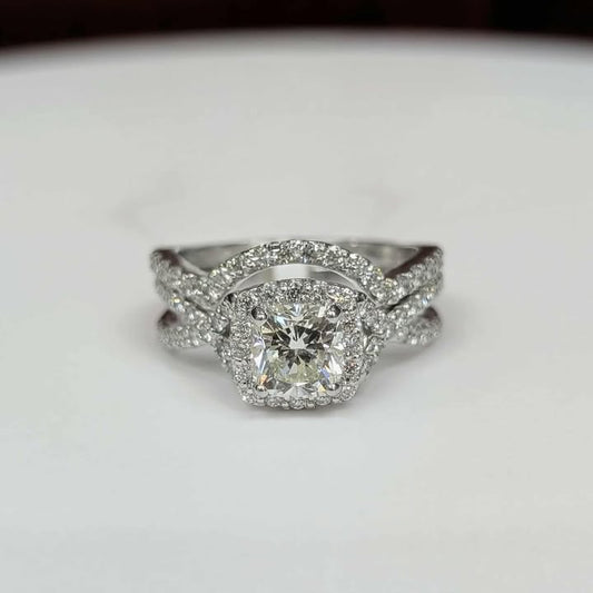 1.87 CT.T.W Framed Cushion-cut Diamond Bridal Set with Twist Shank & Countoured Band in 14k White Gold