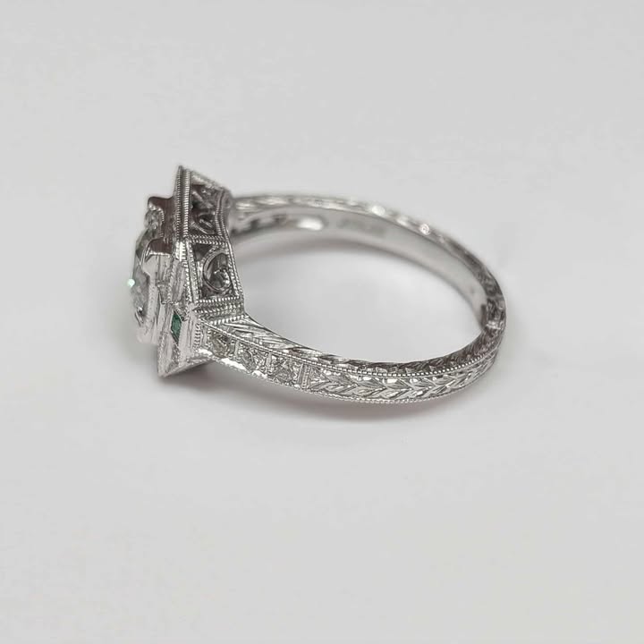 0.99 CT.T.W GIA Certified Round-cut Diamond Art Deco Style Engagement Ring with Frame, Emerald Accents, and Engraved Band in 14k White Gold