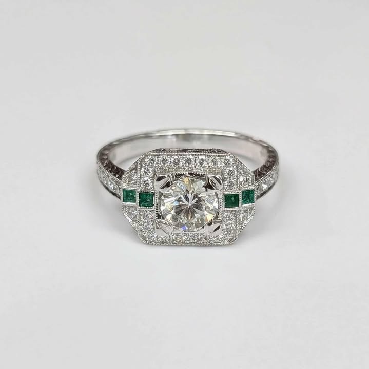 0.99 CT.T.W GIA Certified Round-cut Diamond Art Deco Style Engagement Ring with Frame, Emerald Accents, and Engraved Band in 14k White Gold