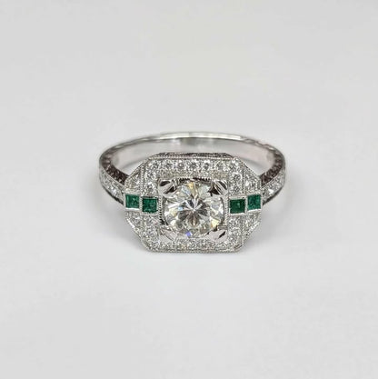 0.99 CT.T.W GIA Certified Round-cut Diamond Art Deco Style Engagement Ring with Frame, Emerald Accents, and Engraved Band in 14k White Gold