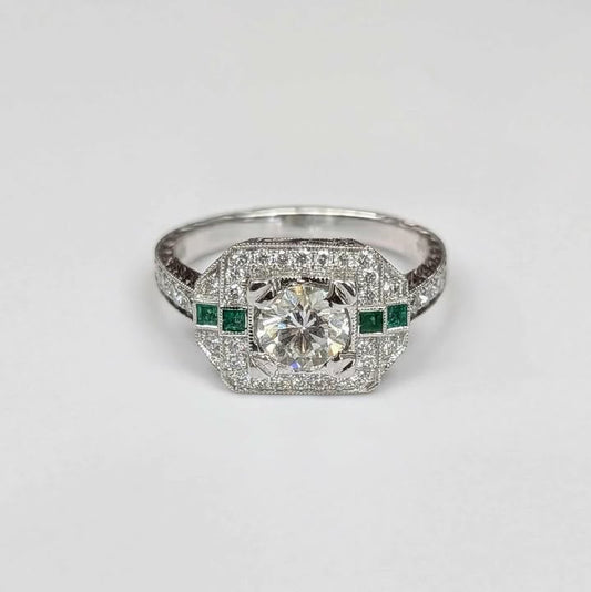 0.99 CT.T.W GIA Certified Round-cut Diamond Art Deco Style Engagement Ring with Frame, Emerald Accents, and Engraved Band in 14k White Gold