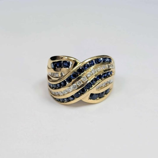 Blue Sapphire & Diamond Multi-row Crossover Band in 14k gold