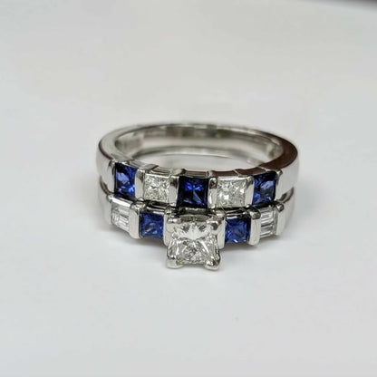 0.70 CT.T.W Princess-cut Diamond & Blue Sapphire Bar Set Engagement Ring in 14k White Gold
