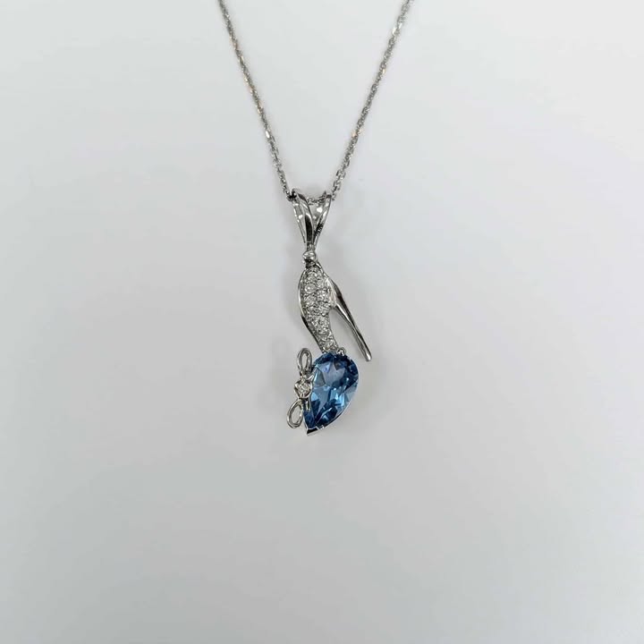 Blue Topaz and Diamond Accented "Slipper" Necklace in 14k White Gold