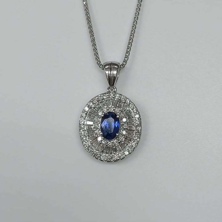 1.94 CT.T.W Blue Sapphire & Diamond Burst Frame Necklace in 18k White Gold
