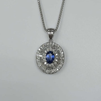 1.94 CT.T.W Blue Sapphire & Diamond Burst Frame Necklace in 18k White Gold