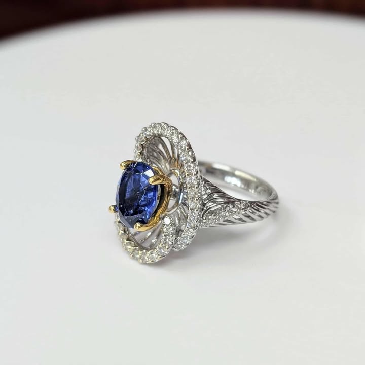 Oval-cut Blue Sapphire & Embellished Diamond Sunburst Floating Frame Ring in 14k Two-Tone Gold