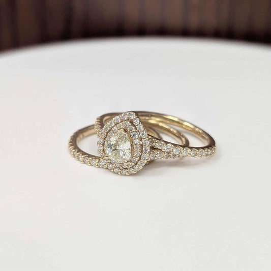 1.08 CT.T.W Pear-cut Double Frame Three Ring Bridal Set in 14k Gold