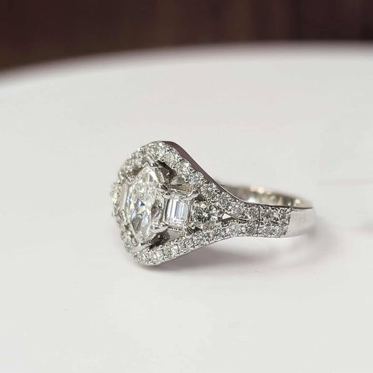 1.44 CT.T.W Marquis-cut Diamond Engagement ring with Side Stones & Frame in 14k White Gold