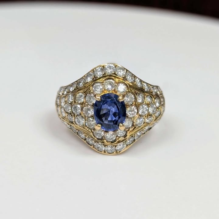 0.90 Oval-Cut Blue Sapphire with 2.95 CT.T.W Diamond Accents in 18k Gold