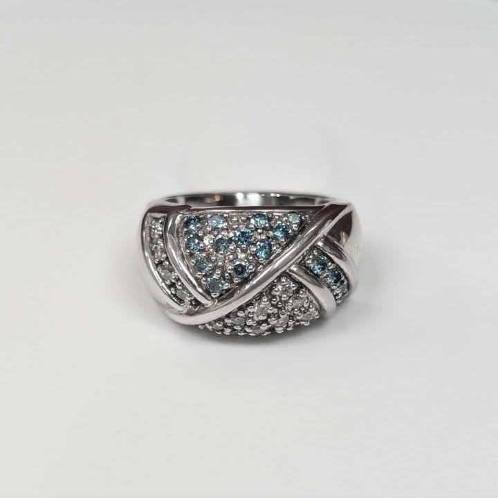 0.70 CT.T.W. Blue & White Diamond Crossover Ring in 14k White Gold