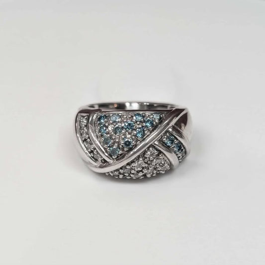 0.70 CT.T.W. Blue & White Diamond Crossover Ring in 14k White Gold