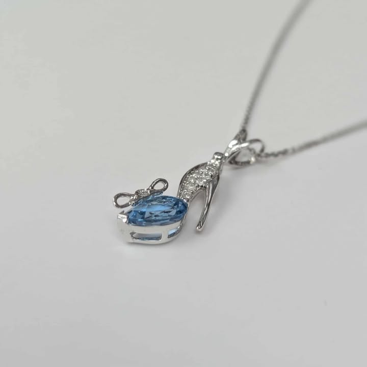 Blue Topaz and Diamond Accented "Slipper" Necklace in 14k White Gold