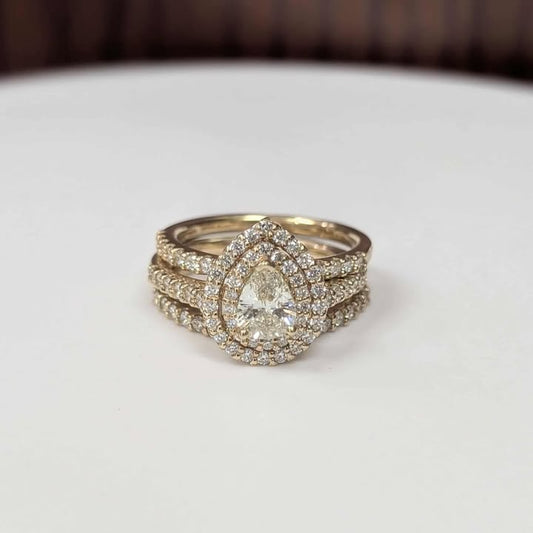 1.08 CT.T.W Pear-cut Double Frame Three Ring Bridal Set in 14k Gold