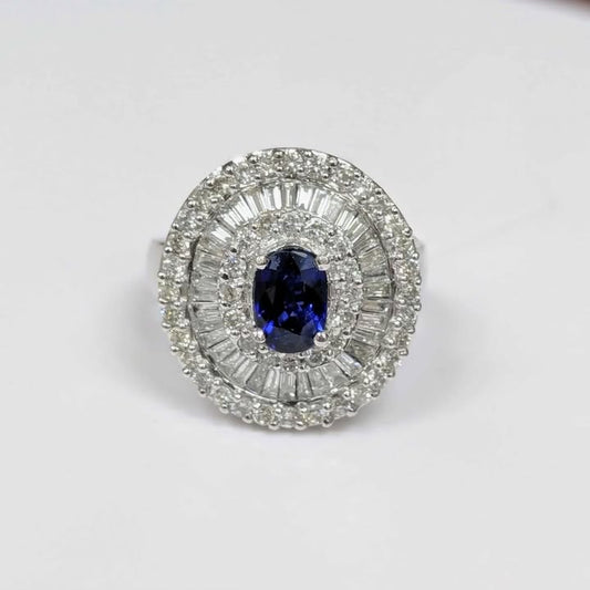 3.00 CT.T.W Blue Sapphire & Diamond Burst Frame Ring in 18k White Gold