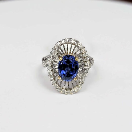 Oval-cut Blue Sapphire & Embellished Diamond Sunburst Floating Frame Ring in 14k Two-Tone Gold