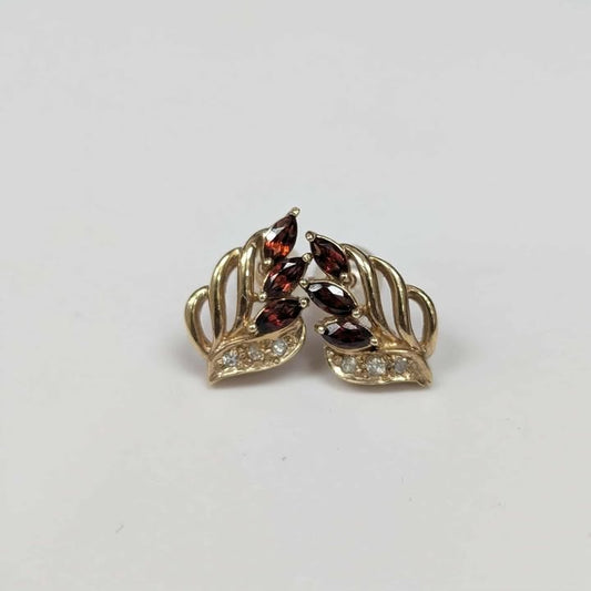 Garnet and Diamond Leaf Earrings in 14k Gold