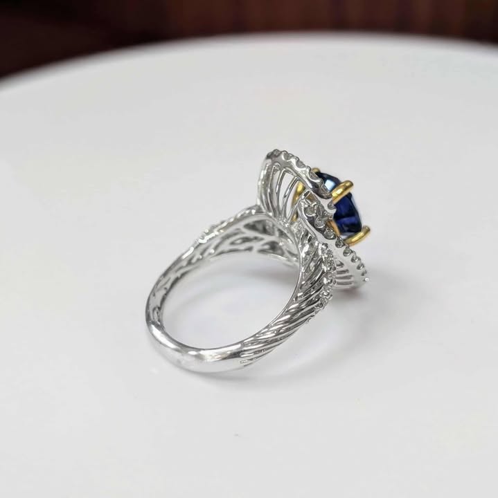 Oval-cut Blue Sapphire & Embellished Diamond Sunburst Floating Frame Ring in 14k Two-Tone Gold