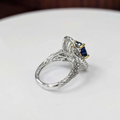 Oval-cut Blue Sapphire & Embellished Diamond Sunburst Floating Frame Ring in 14k Two-Tone Gold