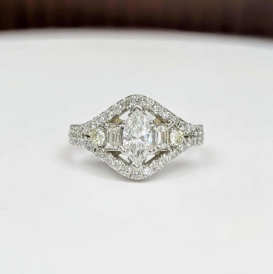 1.44 CT.T.W Marquis-cut Diamond Engagement ring with Side Stones & Frame in 14k White Gold