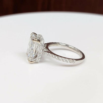 5.02 CT Radiant-cut Lab Grown Diamond Engagement Ring on Natural Diamond Band with Hidden Halo in 18k White Gold