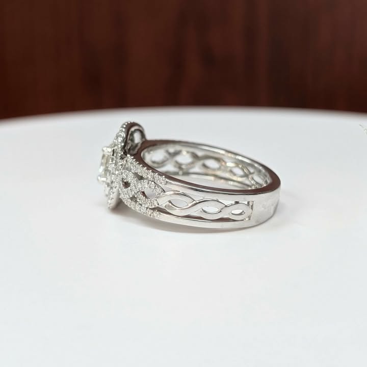 1.65 CT.T.W. Round-cut Lab Grown Diamond Engagement Ring with Double Cushion Halo, Multi-row Band, Twist Shank, Ornate in 14k White Gold