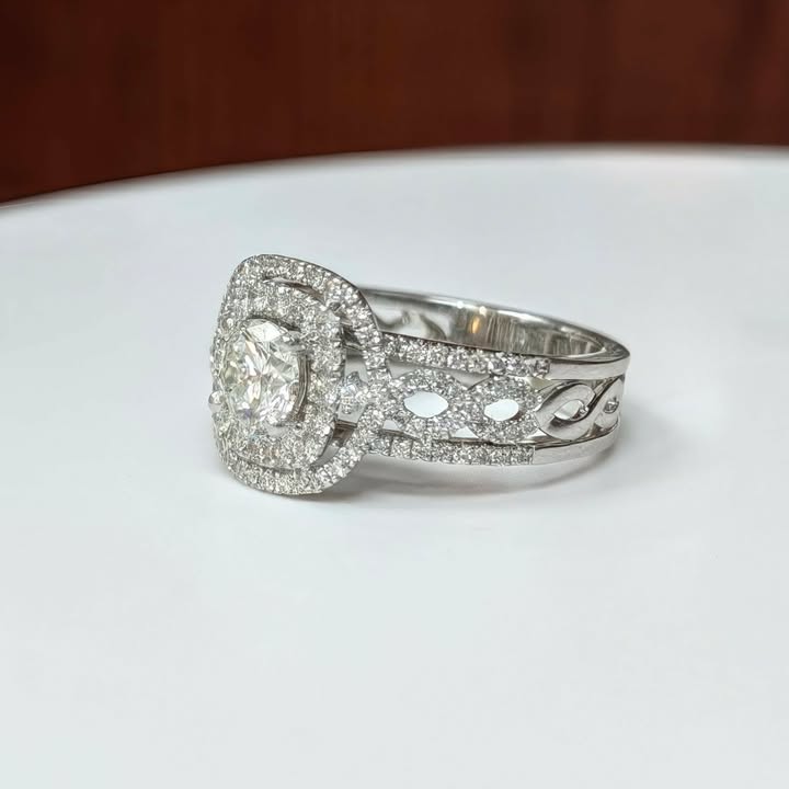 1.65 CT.T.W. Round-cut Lab Grown Diamond Engagement Ring with Double Cushion Halo, Multi-row Band, Twist Shank, Ornate in 14k White Gold