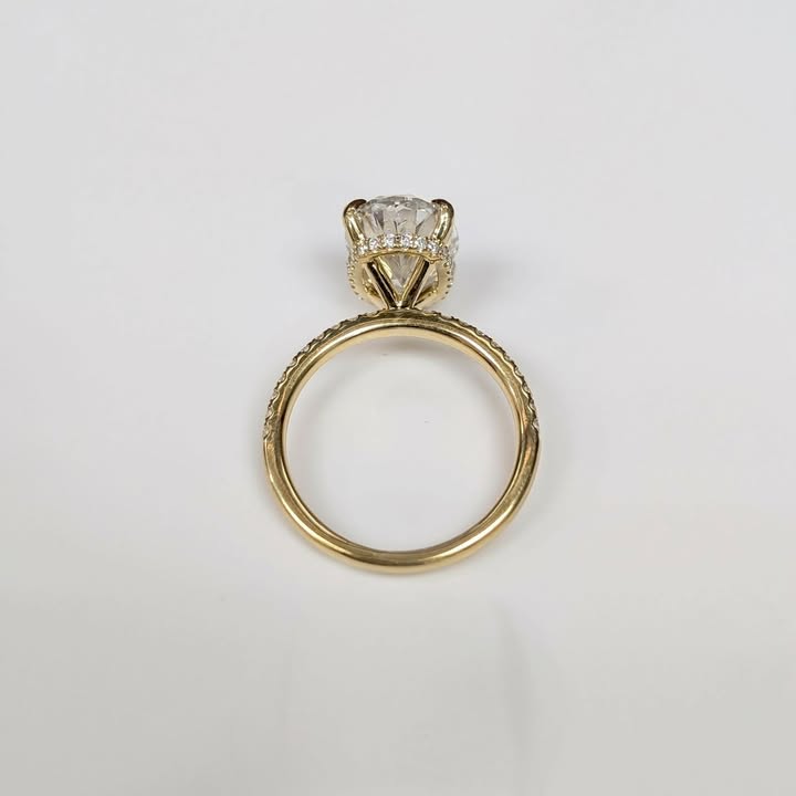 4.21 CT Oval-cut Lab Grown Diamond set on Natural Diamond Band with Hidden Halo, Claw Prongs in 18k Gold