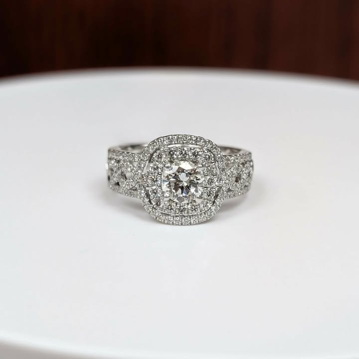 1.65 CT.T.W. Round-cut Lab Grown Diamond Engagement Ring with Double Cushion Halo, Multi-row Band, Twist Shank, Ornate in 14k White Gold