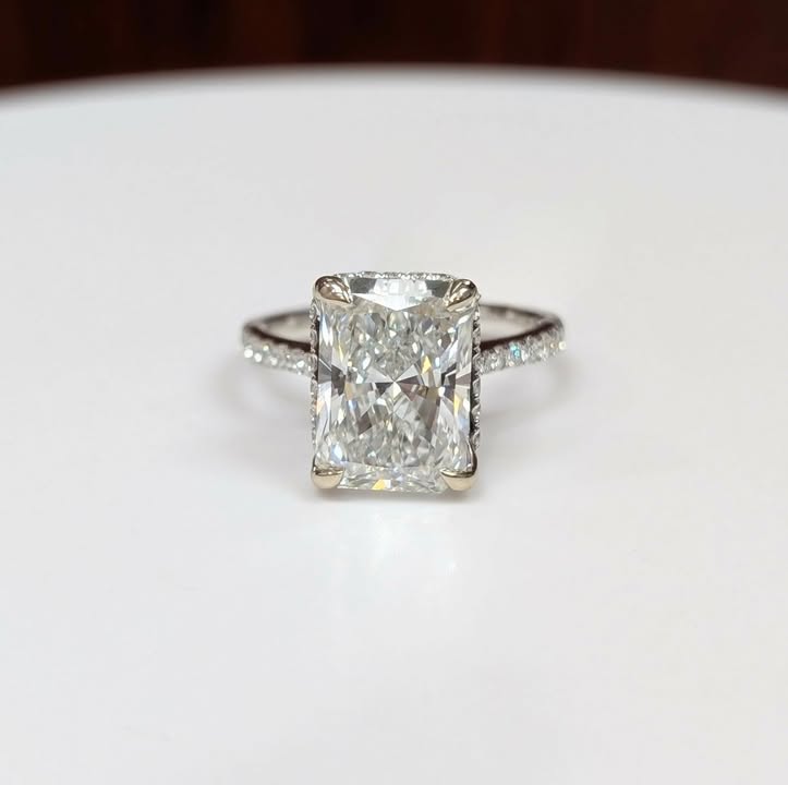 5.02 CT Radiant-cut Lab Grown Diamond Engagement Ring on Natural Diamond Band with Hidden Halo in 18k White Gold
