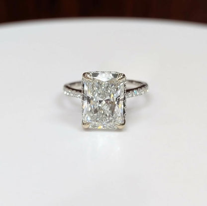 5.02 CT Radiant-cut Lab Grown Diamond Engagement Ring on Natural Diamond Band with Hidden Halo in 18k White Gold