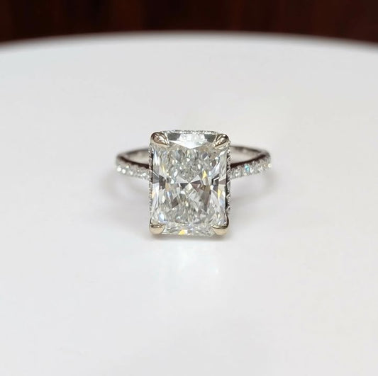 5.02 CT Radiant-cut Lab Grown Diamond Engagement Ring on Natural Diamond Band with Hidden Halo in 18k White Gold