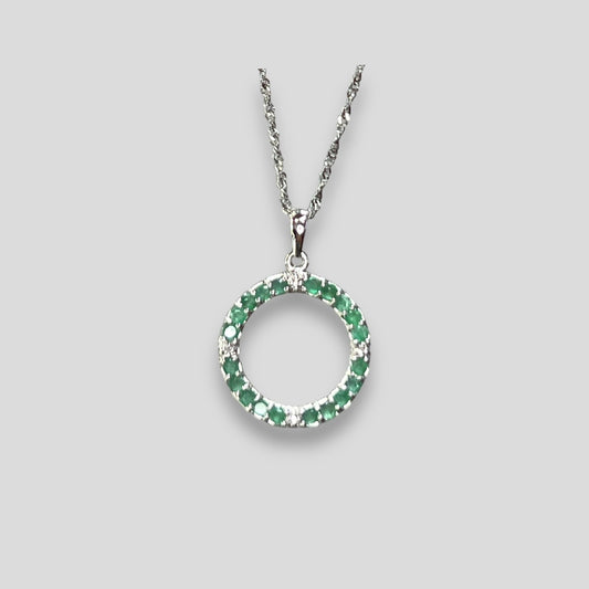 Emerald and Diamond Circle Pendant in 14k White Gold