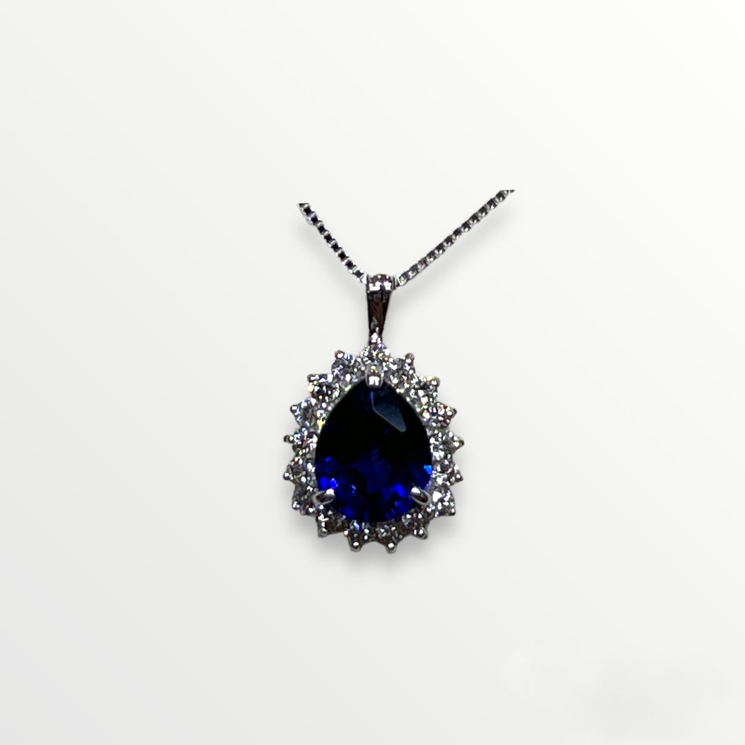 Sapphire Pear and Diamond Halo Pendant