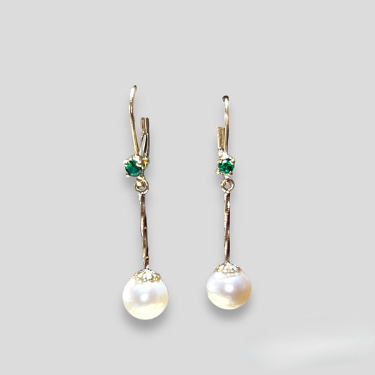 Emerald and Pearl Twisted Dangle Earrings