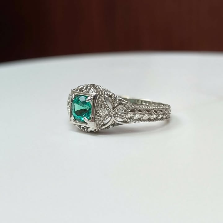 Emerald & Diamond Accented Milgrain Engraved Ring in 14k White Gold - Q&T Jewelry