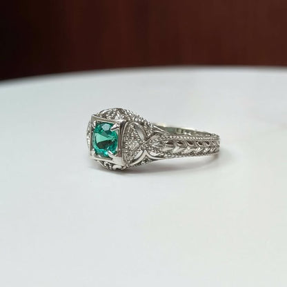 Emerald & Diamond Accented Milgrain Engraved Ring in 14k White Gold - Q&T Jewelry