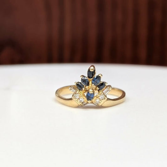 Blue Sapphire & Diamond Contoured Burst Ring in 18k Gold - Q&T Jewelry