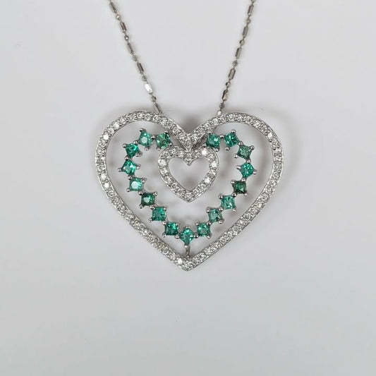 Emerald & Diamond Heart Pedant Necklace in 14k White Gold - Q&T Jewelry